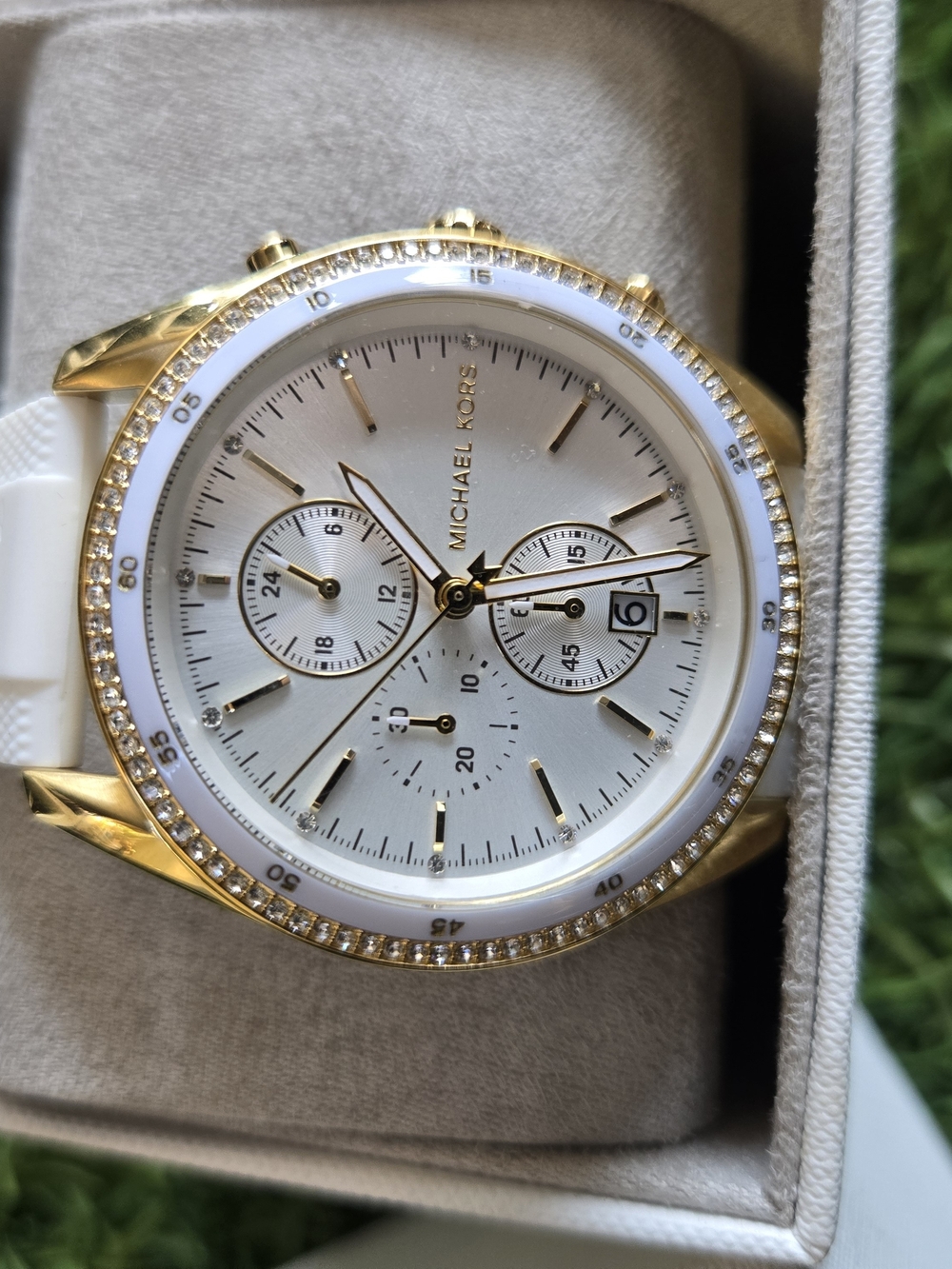 Michael Kors Gold and White Crystal Bezel Chronograph Watch